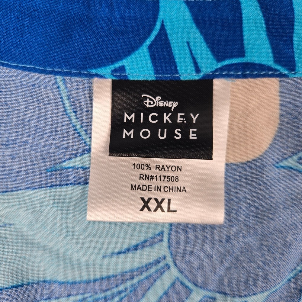 Disney Mickey Mouse Blue Hawaiian Tropical Palm Rayon Button Up Shirt Mens XXL - Picture 5 of 5